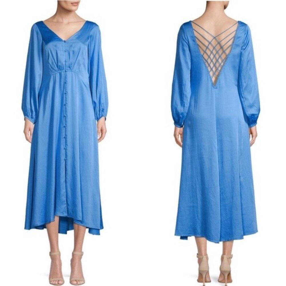 🔥Free People Silky Satin V-neck Open Crisscross Back Fit & Flare Boho Dress